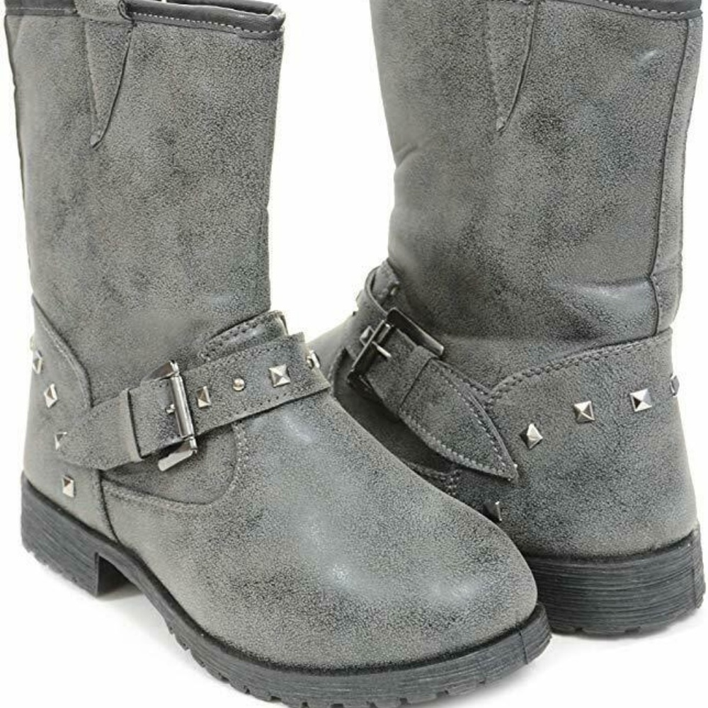 Grey Studded Buckles Combat Boots Girls Zipper - Picture 1 of 4